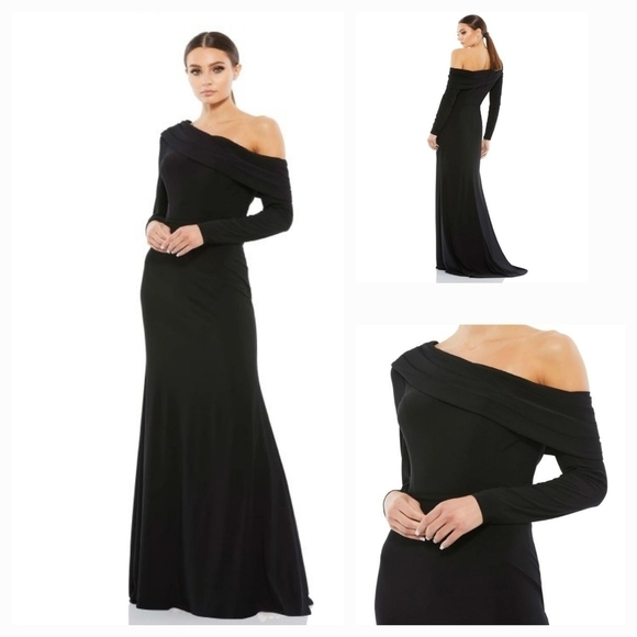 Mac Duggal 26595‎ One Sleeve Off Shoulder long sleeve jersey trumpet gown - Picture 1 of 2
